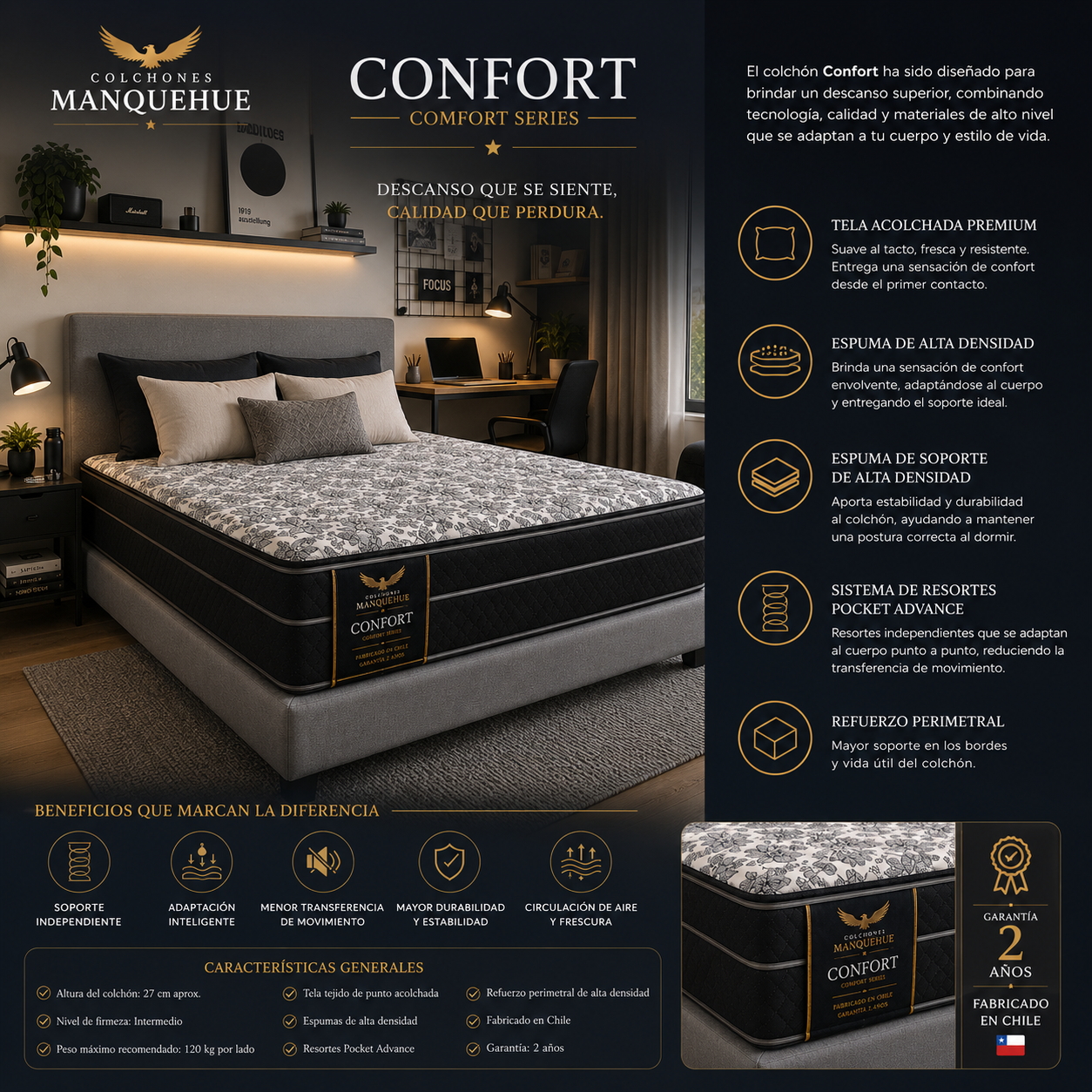 Colchón Manquehue Confort | Equilibrio Perfecto entre Soporte y Comodidad